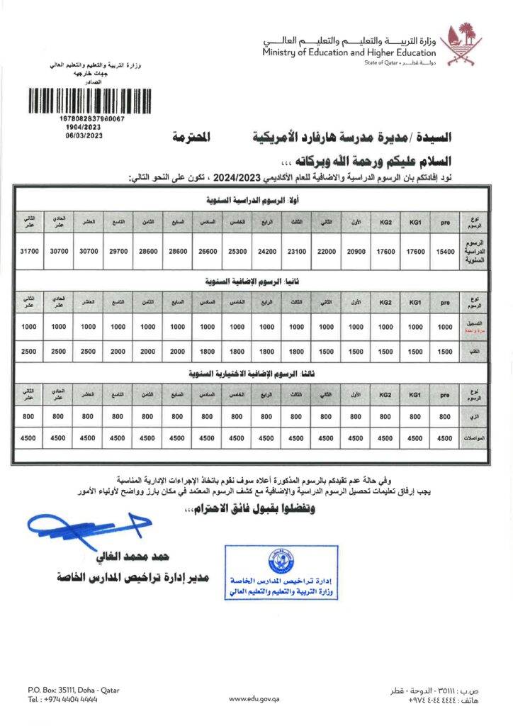 Fee Structure Harvard American School, Qatar